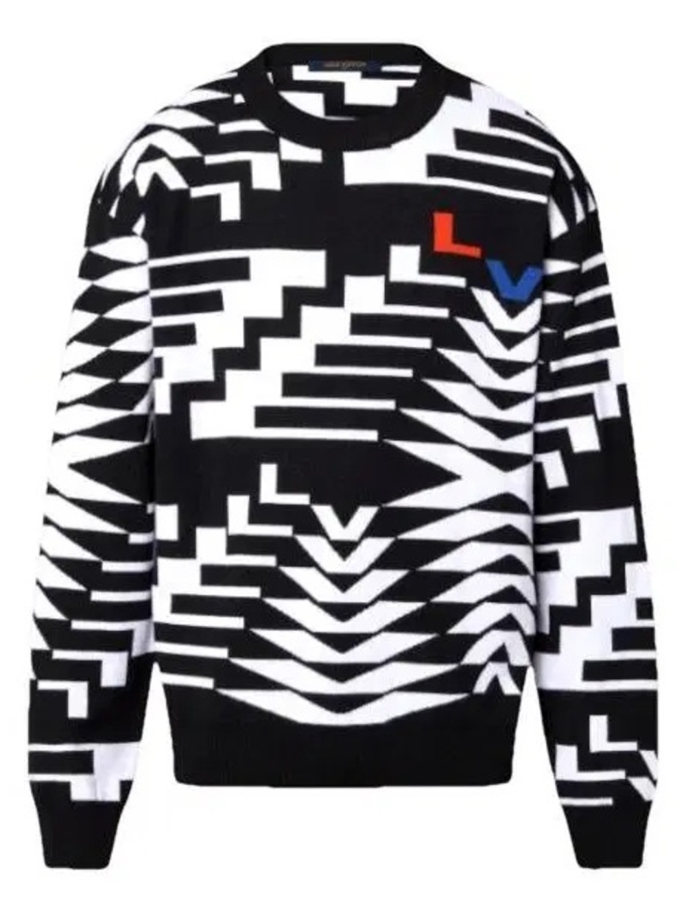 Louis Vuitton Black & White Geometric Crewneck Sweater with Red & Blue Logo